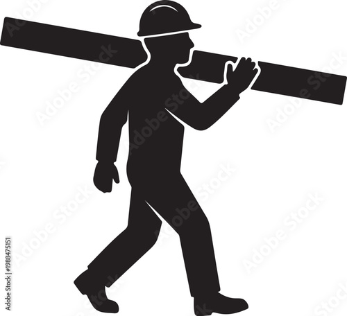 Silhouette of a construction worker wearing a hard hat and carrying a long heavy beam on his shoulder Vector