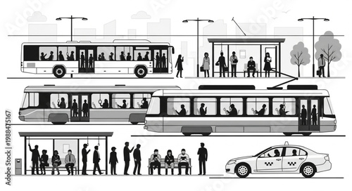 Public Transportation Scene with People and Vehicles.