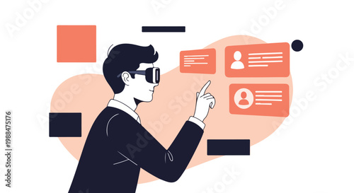 Man in VR headset interacting with virtual screens, representing augmented reality, metaverse, and future digital technology innovation.