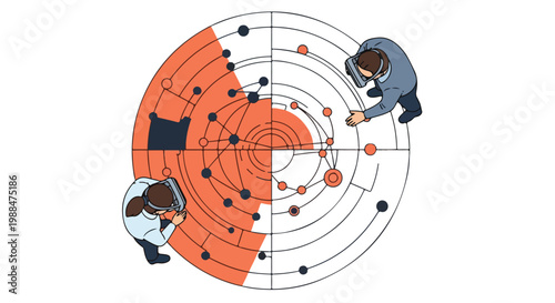 Overhead view of two professionals collaborating on a complex data network visualization, analyzing strategic insights and technological connections.