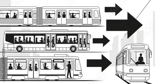 Public Transportation Options Showing Different Vehicles and Passengers.
