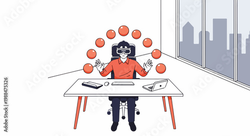 Professional navigating a virtual reality world, interacting with augmented objects in a modern office setting, showcasing future technology and immersive experiences.