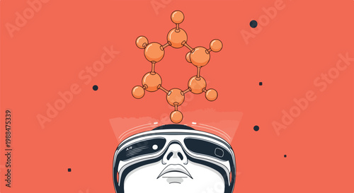 Futuristic scientist using advanced virtual reality headset to visualize and interact with 3D molecular structures in a digital environment for research and innovation.