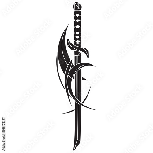 Black Katana Sword Silhouette with Tribal Abstract Swirls Vector Style Graphic for Tattoo Design