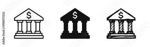 Bank Building Finance Icon Set in Outline, Solid, and Hand-Drawn Styles