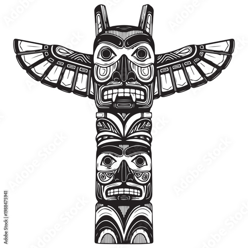 Traditional indigenous totem pole vector illustration with carved animal faces and wings for cultural and tribal design