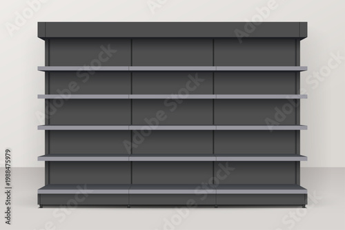 Dark empty store shelf rack mockup front. Front view Product shelves counter design