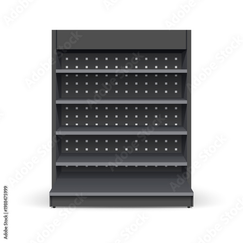 Dark empty store shelf rack mockup front. Front view Product shelves counter design