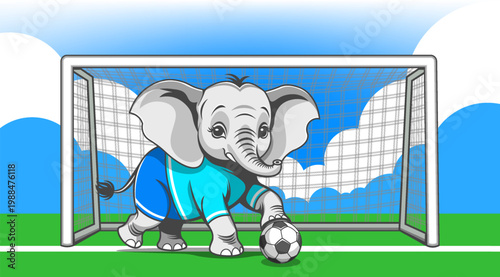 Vector cute young cartoon elephant in sports uniform, soccer ball. Playing field and football goals. Cloudy skies. Goalkeeper baby