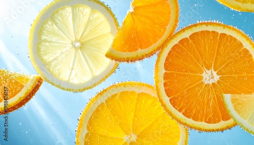 Fresh citrus slices floating in sparkling blue water macro close-up