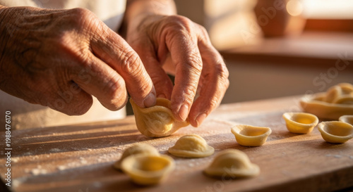 Elderly Puglian Nonna's Weathered Hands Shaping Authentic Fresh Orecchiette Pasta on Rustic Wooden Board
