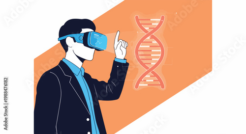 Man in VR headset interacting with a DNA helix hologram, futuristic biotechnology and science concept