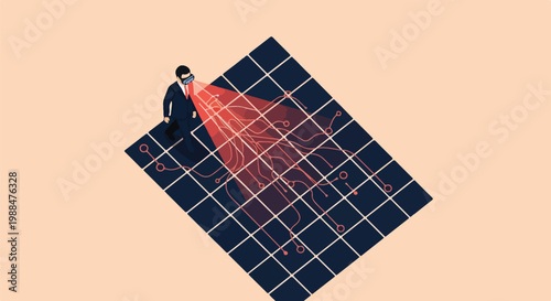 Man wearing VR headset analyzing data grid with red laser beam, concept of virtual reality and data analysis