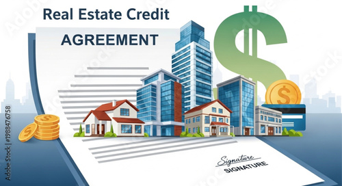 Real Estate Credit Agreement Document with Buildings and Dollar Sign.