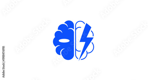 Blue brain icon with lightning bolt on white background
