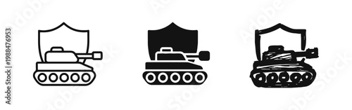 Military Tank with Shield Icon Set - Defense and Armor Protection Symbols