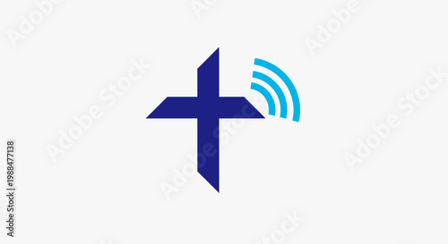 Blue cross with wireless signal waves on white background