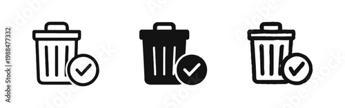 Trash Can Delete Success Icon Set - Recycling and Cleanup Symbols