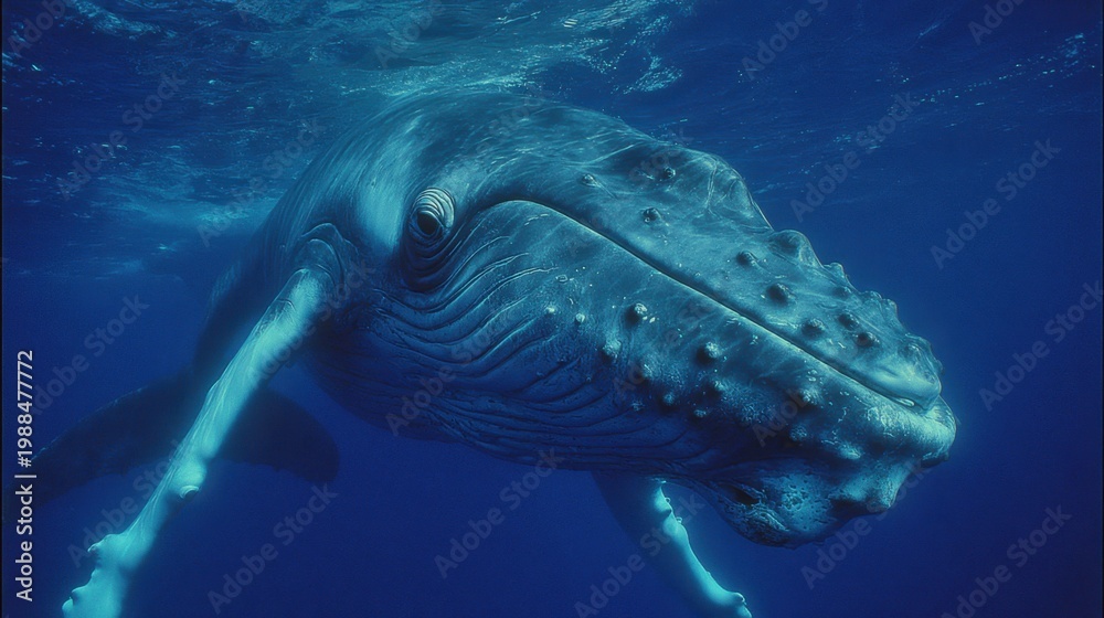 Fototapeta premium Majestic Humpback Whale Swims Gracefully Underwater in Deep Blue Ocean