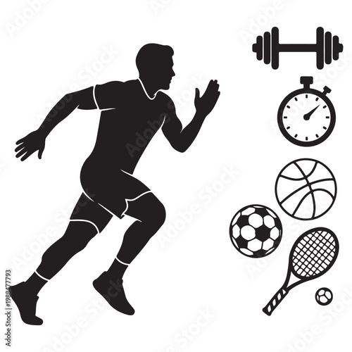 Vector silhouette of a male athlete running with sports icons for fitness training and athletic competition