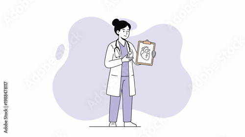 Female Cardiologist Doctor Holding Clipboard with Human Heart Diagram