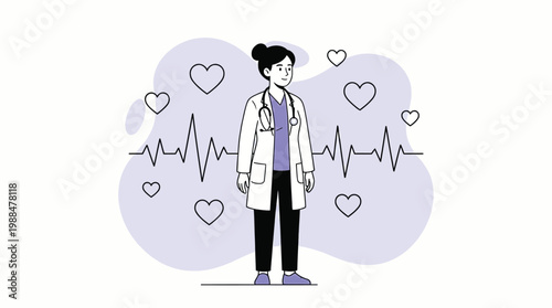 Female Cardiologist Doctor Standing with Heart Icons and Heartbeat ECG