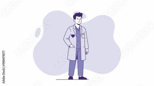 Male Cardiologist Illustration Wearing White Lab Coat with Heart Icon
