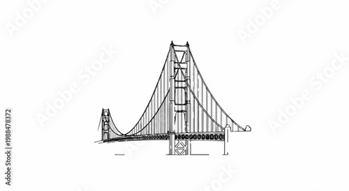 Wireframe sketch of a suspension bridge with detailed towers and cables