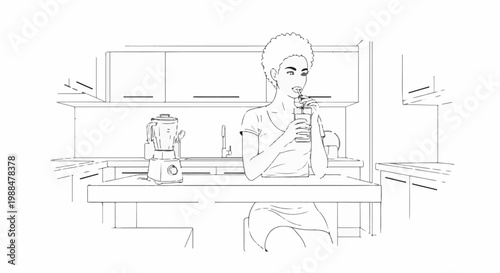 Woman drinks from glass with straw in kitchen with blender
