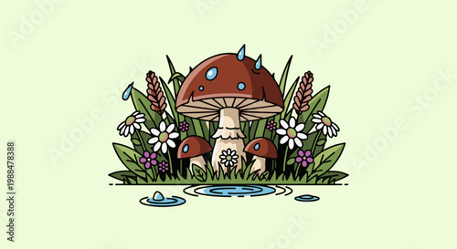 Whimsical forest floor scene with mushrooms, flowers, and raindrops