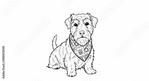 A black and white drawing of a scruffy terrier dog wearing a patterned bandana