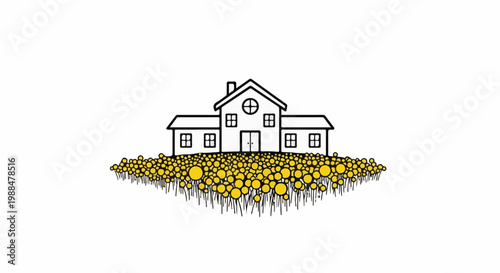 A simple line drawing of a house sitting atop a mound of yellow, circular shapes with stems