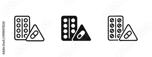 Medical pill blister pack and medication warning icon set in multiple graphic styles