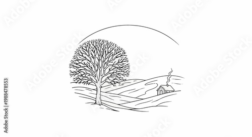 Stylized drawing of a bare tree, rolling hills, and a smoking cabin