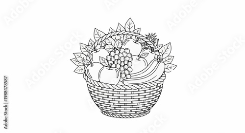 A woven basket overflows with a bountiful harvest of fresh fruits and leaves