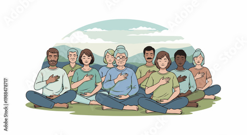 Diverse group of people meditating outdoors, with hands on hearts