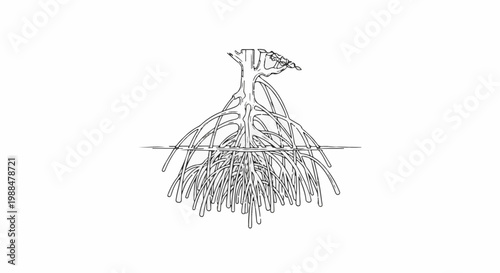 Detailed black and white illustration of exposed mangrove roots above and below water
