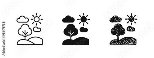 Landscape nature icon set with tree, sun, and clouds in outline, solid, and hand-drawn styles