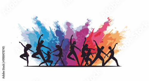 Silhouettes of diverse dancers in dynamic poses against vibrant, abstract color splashes