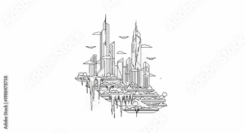 Futuristic city with flying vehicles amidst clouds and floating islands