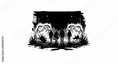 Figures walk through a city scene with explosions and debris