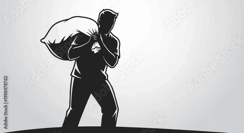 Silhouette of a person carrying a large sack over their shoulder