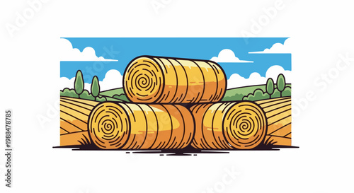 Golden hay bales stacked in a sunny field under a blue, cloudy sky