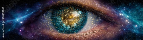 Exploring cosmic consciousness through the eye a digital artwork in a surreal space environment