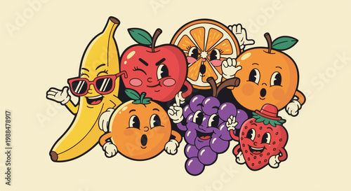 Retro animated fruits posing together with vibrant colors and expressions