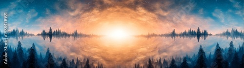 Sunrise reflection over serene lake nature landscape tranquil environment distant viewpoint illuminating concept