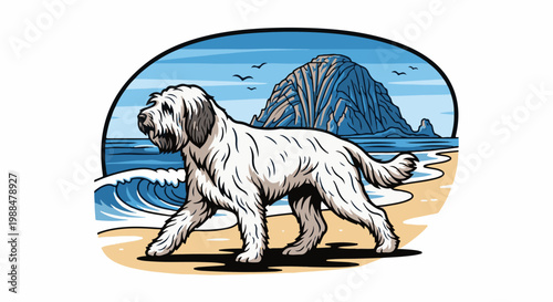 Shaggy dog walks along a sandy beach with ocean waves and a rocky cliff