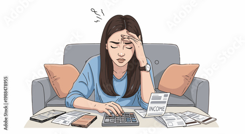 Stressed woman at home calculating bills with a calculator, surrounded by papers