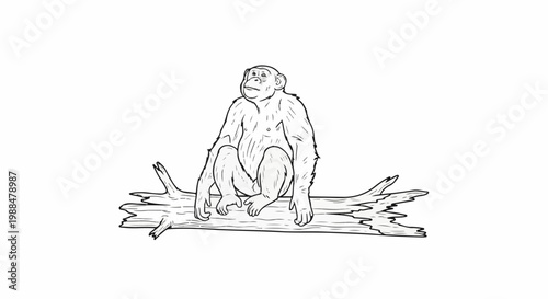 Stylized line drawing of a chimpanzee sitting on a log