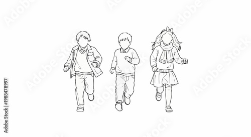 Three children, two boys and a girl, run across a white background